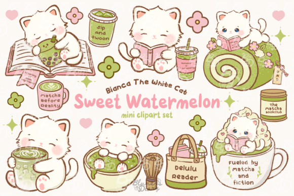 Download Kawaii Bookish Matcha Cat Clipart - Clipart Collection
