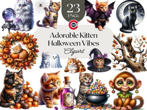Download Cute Autumn and Halloween Kitten Clipart - Clipart Collection