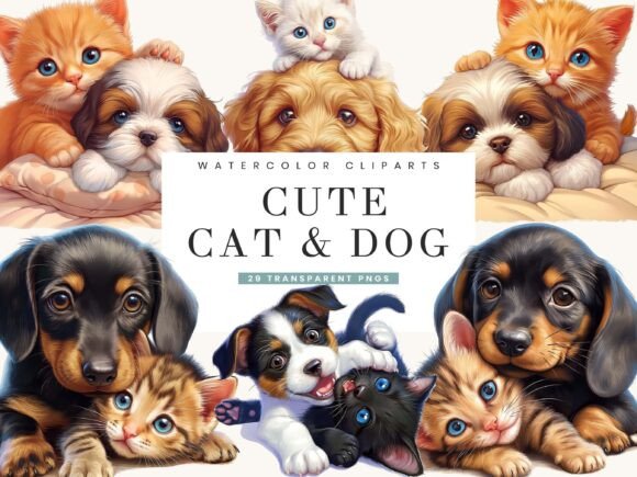 Download Watercolor Cute Cat Dog Clipart Bundle - Clipart Collection
