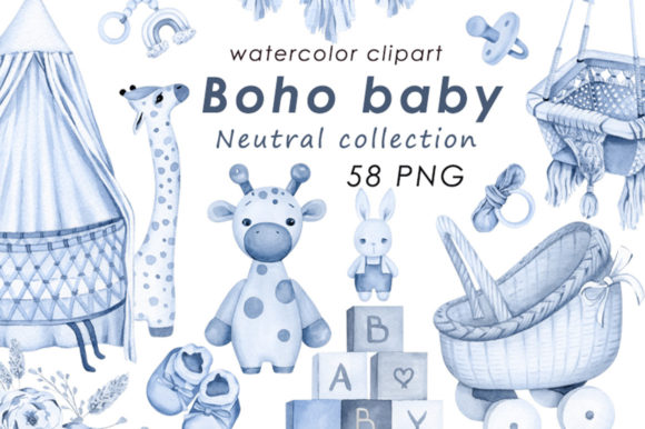 Download Baby Boy Boho Blue Watercolor Clipart - Clipart Collection