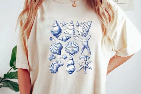Download Vintage Blue and White Seashell and Starfish Illustration Collection Nautical Clipart Bundle Png - Clipart Collection