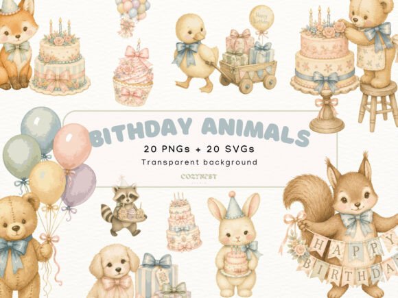 Download Birthday Animals Watercolor Cliparts SVG - Clipart Collection