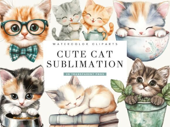 Download Waterolor Cute Cat Clipart Bundle - Clipart Collection