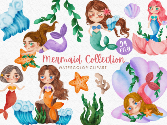 Download Mermaid Collection Watercolor Clipart - Clipart Collection