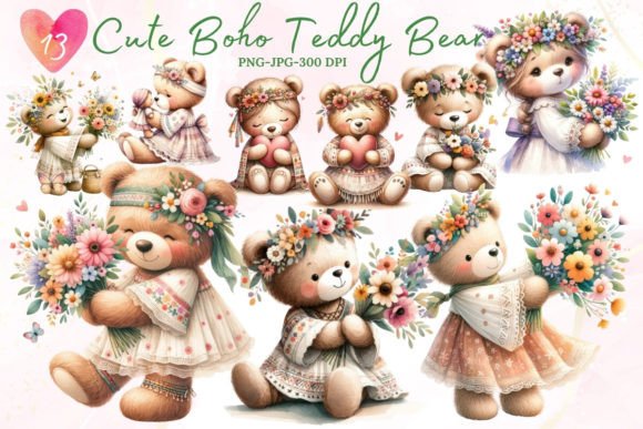 Download Cute Boho Teddy Bear Sublimation Clipart - Boho teddy bear Collection