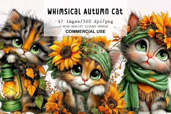 Download Whimsical Autumn Cat Clipart Bundle - Clipart Collection