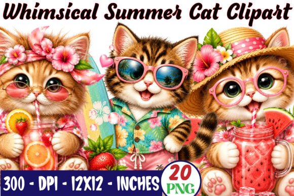 Download Whimsical Summer Cat Clipart Bundle - Clipart Collection