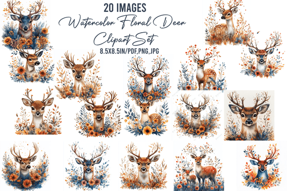 Download Watercolor Floral Deer Clipart Set - Clipart Collection