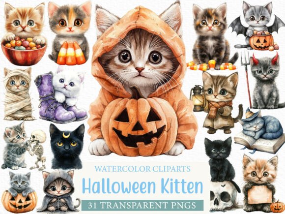 Download Watercolor Halloween Kitten Clipart - Clipart Collection