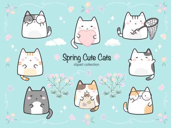 Download HELLO SPRING Cute Cat Clipart Set - Clipart Collection