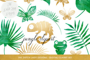Download Jungle Clipart Set - Green Watercolor & Gold - Chameleon, Frog, Leafs, Plants, Butterflies - Clipart Collection