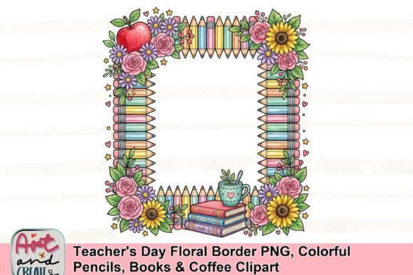 Download Teacher's Day Floral Border PNG, Colorful Pencils, Books &amp; Coffee Clipart - Clipart Collection
